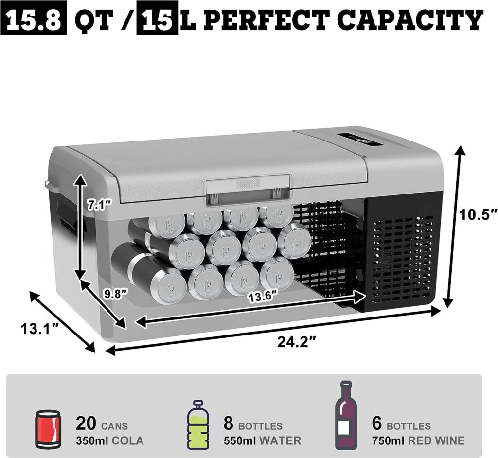 Setpower FC15 Portable Refrigerator Electric Cooler With AC Adapter,15L/15.8QT 12 Volt Car Refrigerator, -4℉-68℉ Portable Fridge Freezer for Car,RV, Truck,Camping,Travel, Home,12/24V DC  110/240V AC
