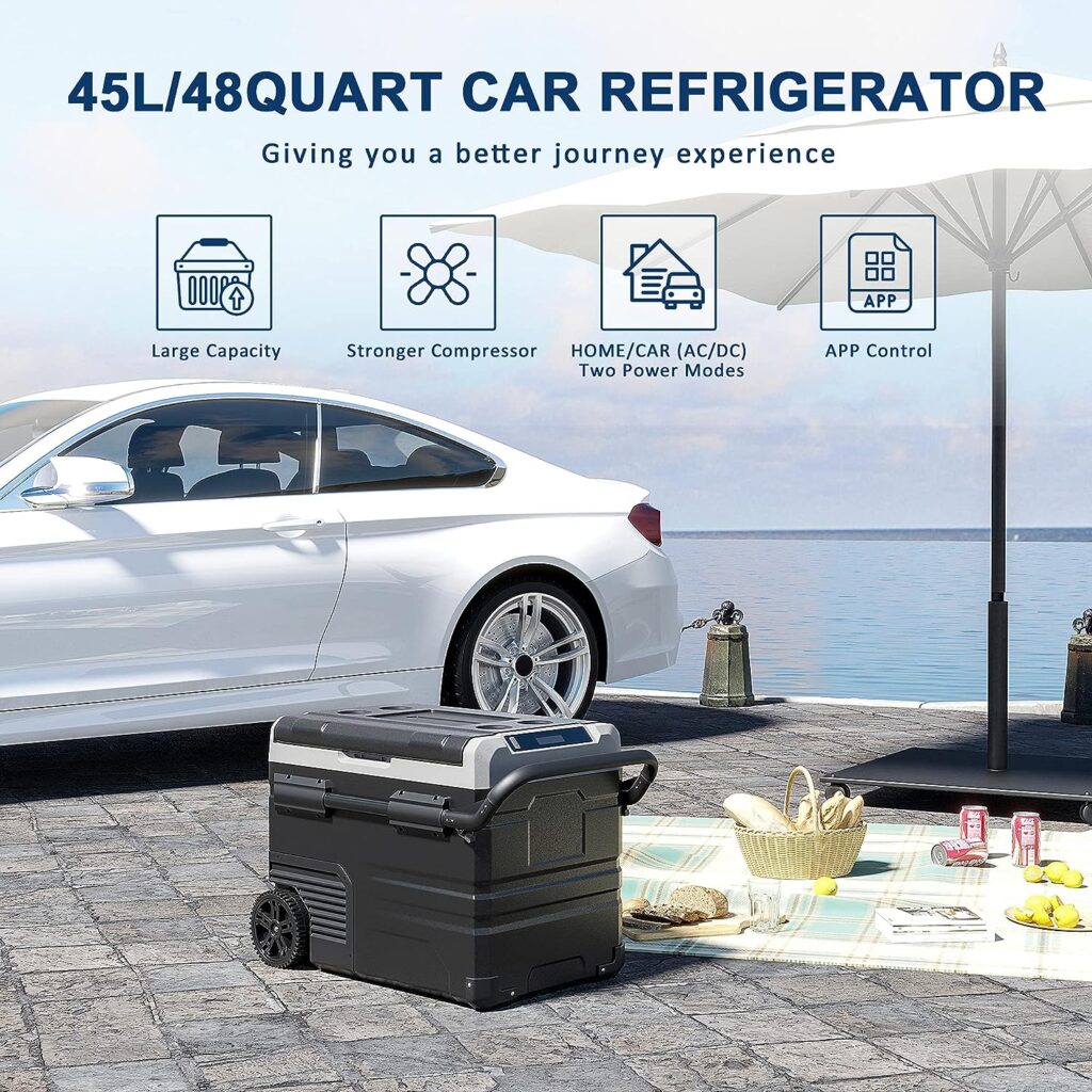 EUHOMY 12V Refrigerator Rechargeable Battery(Not Included, 48QT Dual Temperature APP Control 12v refrigerator with 12/24 DC110-240AC，Car Refrigerators Cooler for Car, RV, Camping, Travel, Outdoor.