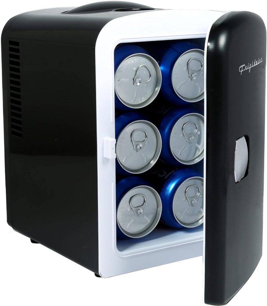 Frigidaire Mini Portable Compact Personal Fridge Cooler, 4 Liter Capacity Chills Six 12 oz Cans, 100% Freon-Free  Eco Friendly, Includes Plugs for Home Outlet  12V Car Charger – Black
