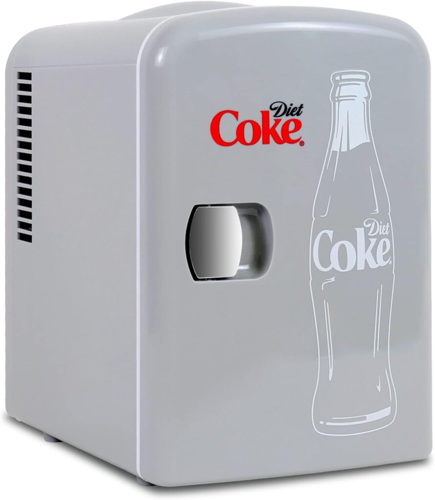 Coca-Cola Diet Coke 4L Cooler/Warmer w/ 12V DC and 110V AC Cords, 6 Can Portable Mini Fridge, Personal Travel Refrigerator for Snacks Lunch Drinks Cosmetics, Desk Home Office Dorm, Gray