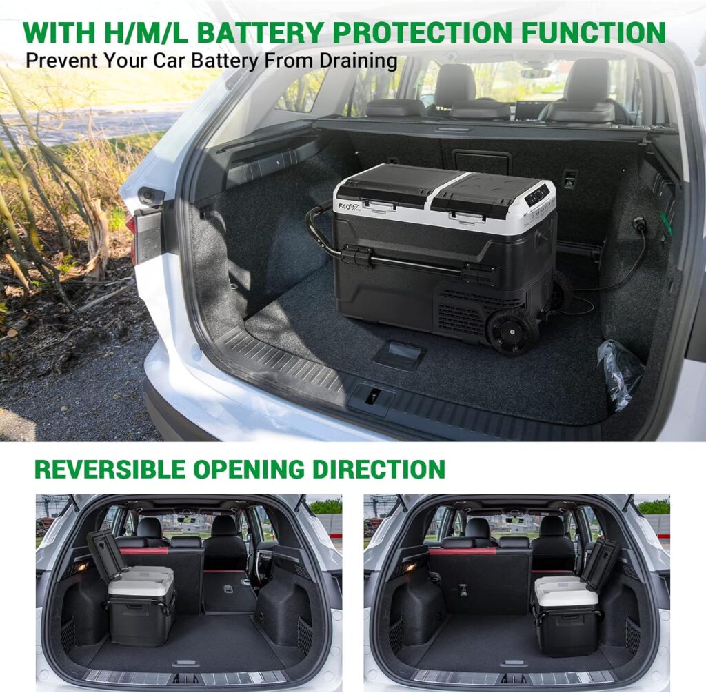 F40C4TMP 12 Volt Portable Refrigerator, 54 Quart Dual Zone Car Freezer With Independent Temperature Control, -4℉ to 68℉,51L Compressor Fridge With Wheels  2 Baskets For Camping, Travel, Road Trip, Vehicle, Car, Truck, Van, RV, Outdoor and Home--12V/24V DC  110V AC