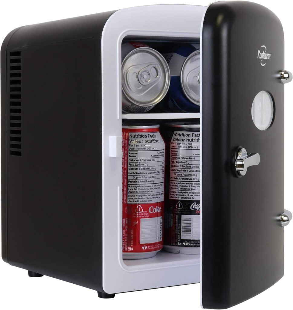 Koolatron retro Mini Portable Fridge, 4L Compact Refrigerator for Skincare, Beauty Serum, Face Mask, Personal Cooler, Includes 12V and AC Cords, Desktop Accessory for Home Office Dorm Travel, Black